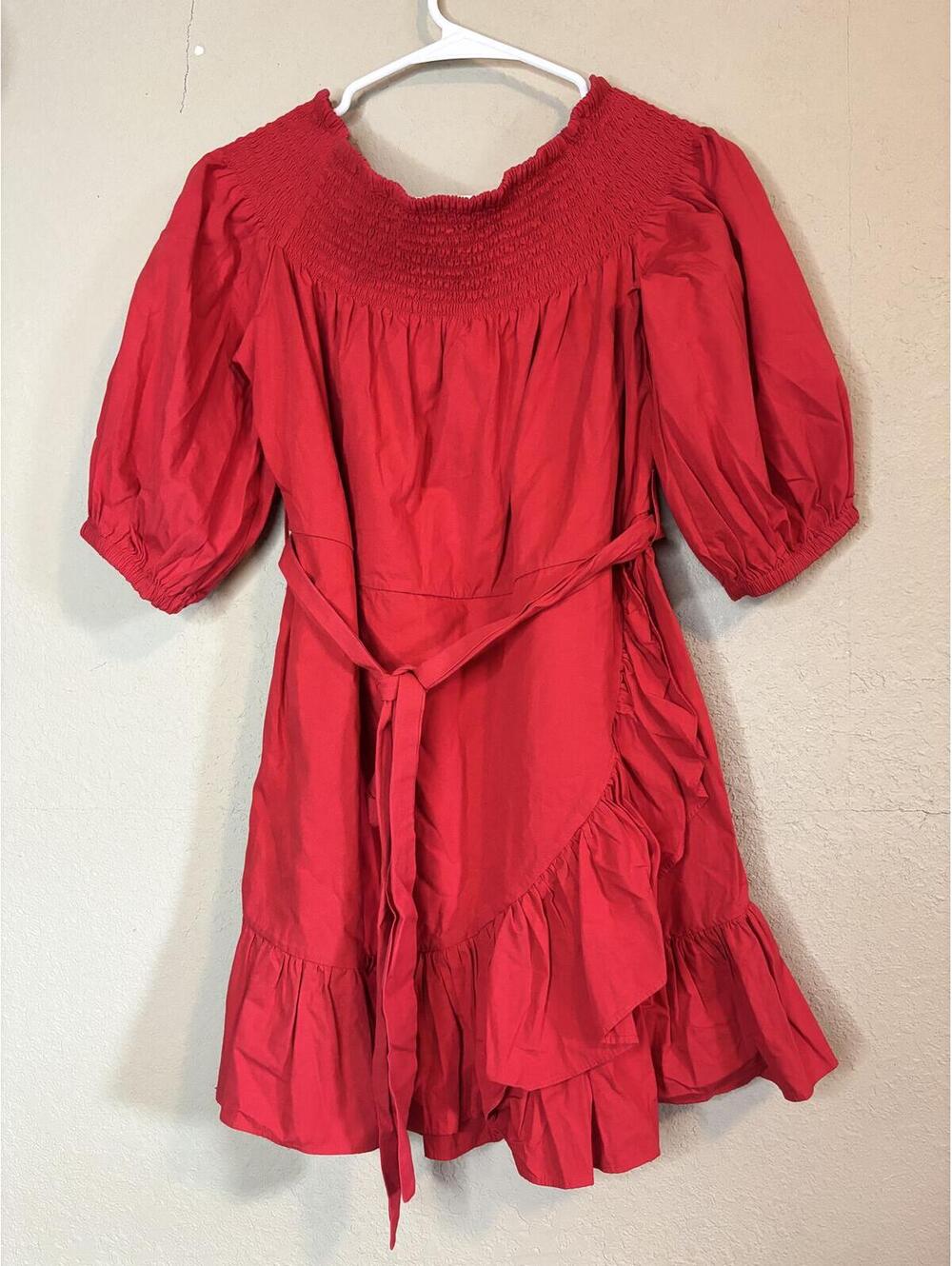Tularosa Red Smocked Puff Sleeve Tie Waist Mini Dress Size M